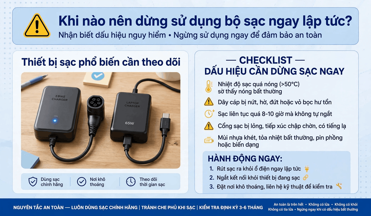 Khi nào nên dừng sử dụng bộ sạc ngay lập tức?