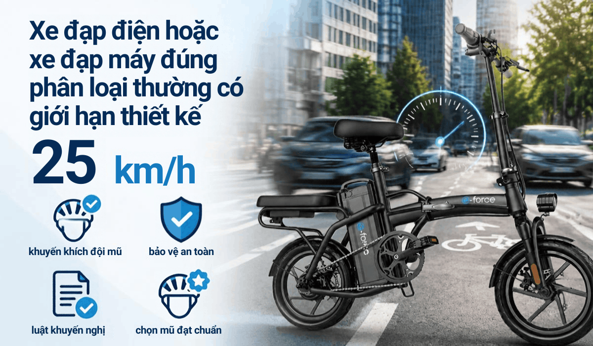 Xe đạp điện hoặc xe đạp máy đúng phân loại thường có giới hạn thiết kế 25 km/h