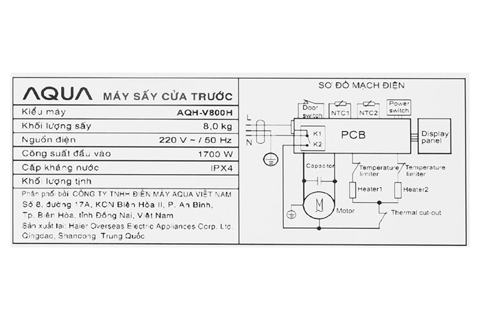 Máy sấy thông hơi Aqua 8 kg AQH-V800H.SS