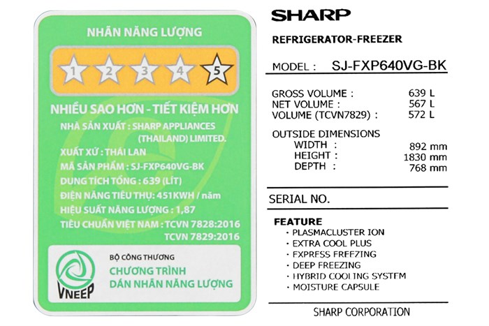 Tủ lạnh Sharp Inverter 572 lít SJ-FXP640VG-BK