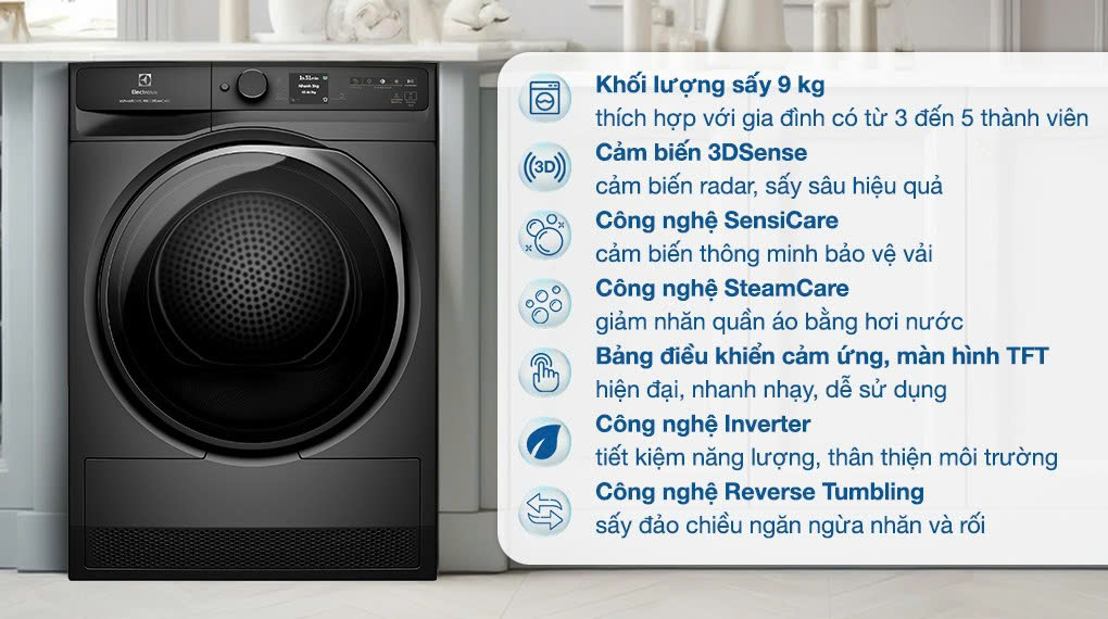 Máy sấy bơm nhiệt Heatpump Inverter Electrolux 9kg EDH902R9SC