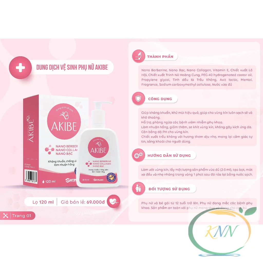 Dung dịch vệ sinh phụ nữ Akibe diệt nấm candida, kháng khuẩn, khử mùi, hỗ trợ làm hồng và se khít