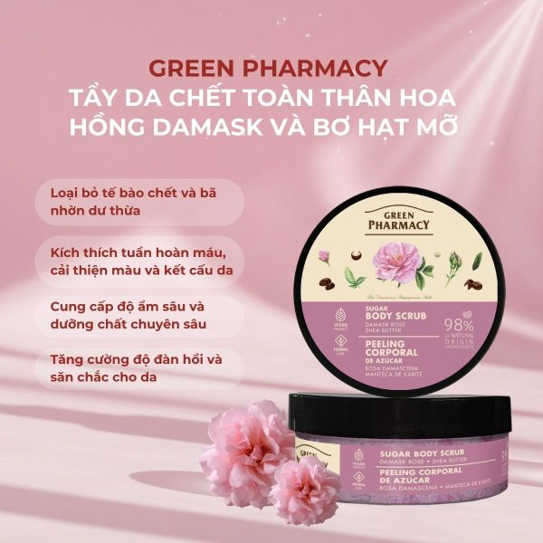 Tẩy da chết toàn thân Green Pharmacy Hoa hồng Damask và Bơ hạt mỡ 200ml
