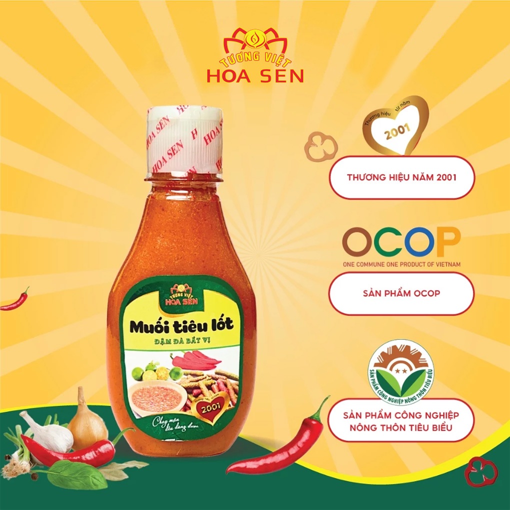 Combo Sốt Chấm Tương Việt Hoa Sen - Muối Ớt Đỏ - Muối Ớt Xanh - Muối Tiêu Lốt chai 185g, dùng chấm hải sản, đồ nướng