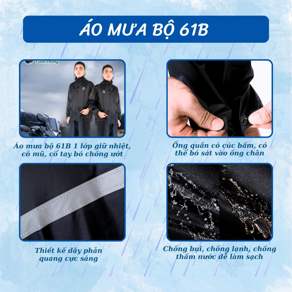 Bộ áo mưa 1 lớp 61B chống thấm tốt phản quang sau lưng cực sáng ( Vải dù cao cấp ) Tuấn Phong