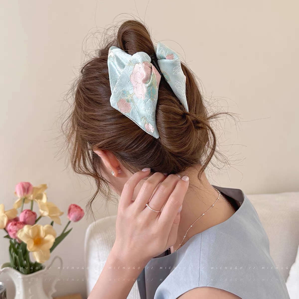 Kẹp tóc nơ lụa hoa vintage_T25