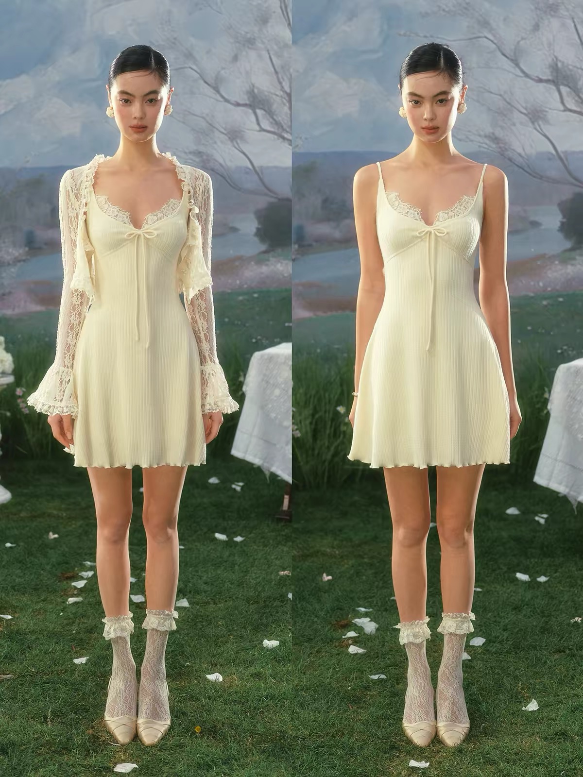 LaceMade váy hai dây dáng ngắn kèm áo khoác ren_V53
