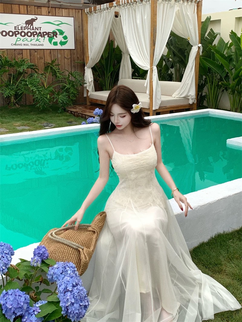 Váy maxi 2 dây dáng dài xòe ren voan thanh lịch nữ tính_Y16