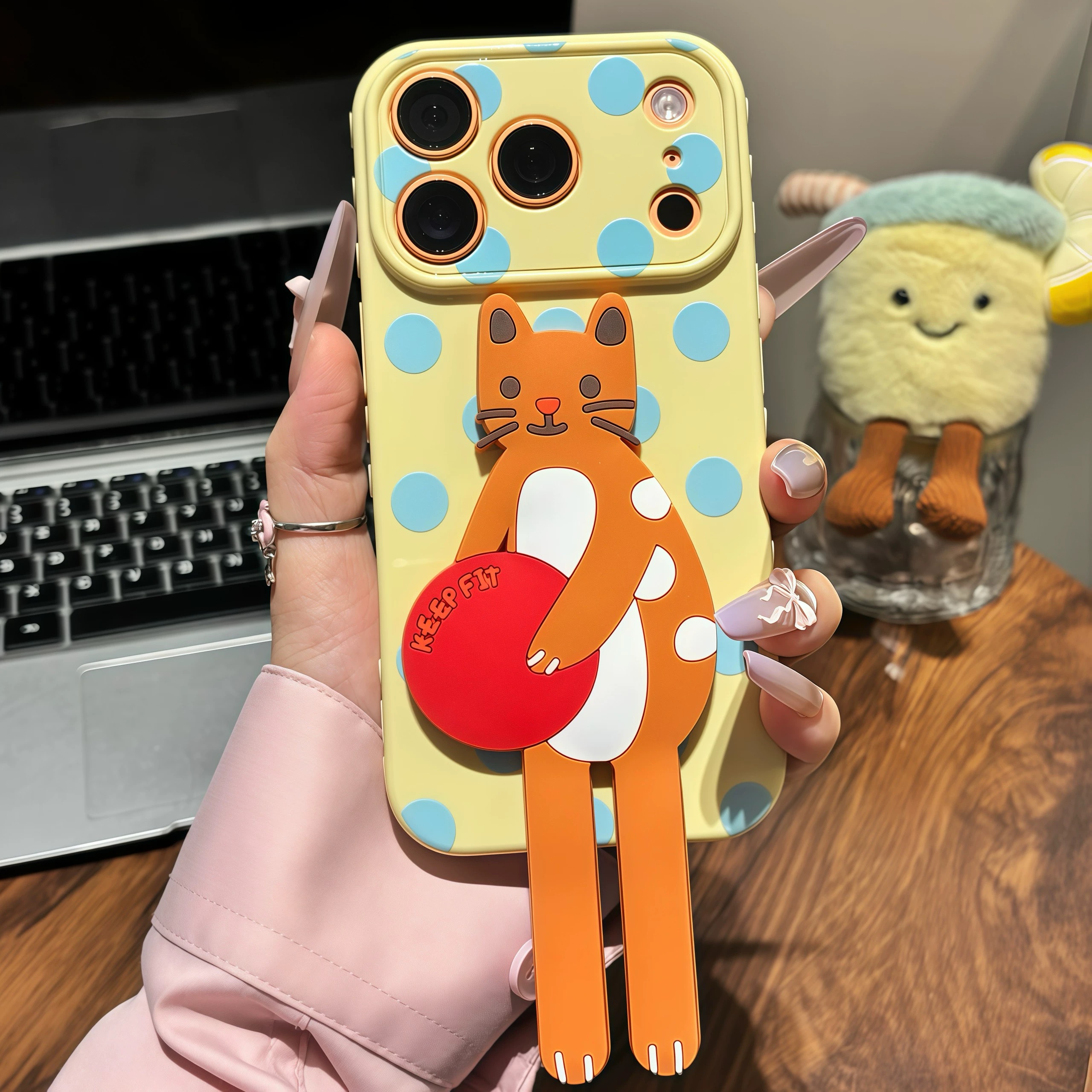 Ốp lưng chó trắng mèo cam nền chấm bi giá đỡ điện thoại_O113 (Iphone, Huawei, Honor, OPPO, Vivo, Xiaomi & Redmi)