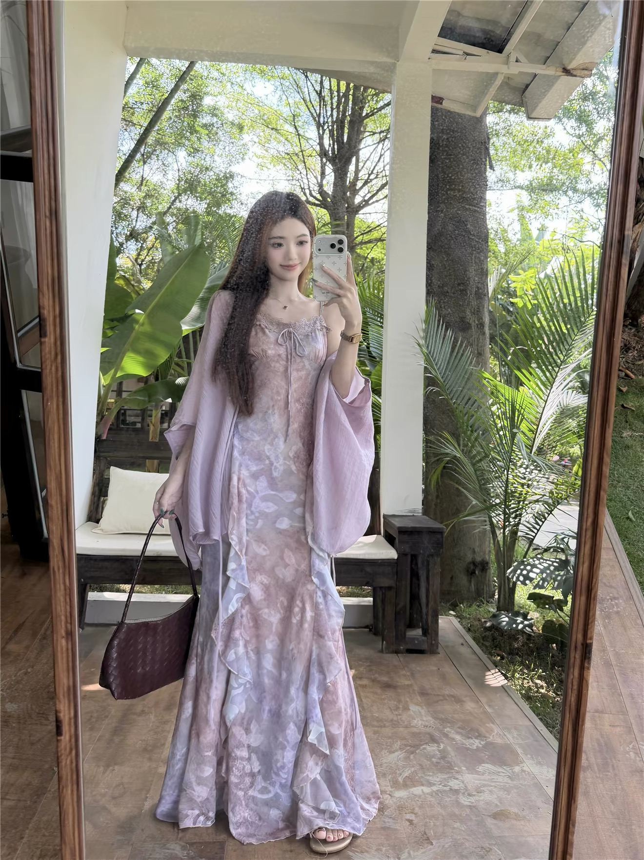 Váy hoa loang phối khắn choàng voan_V43
