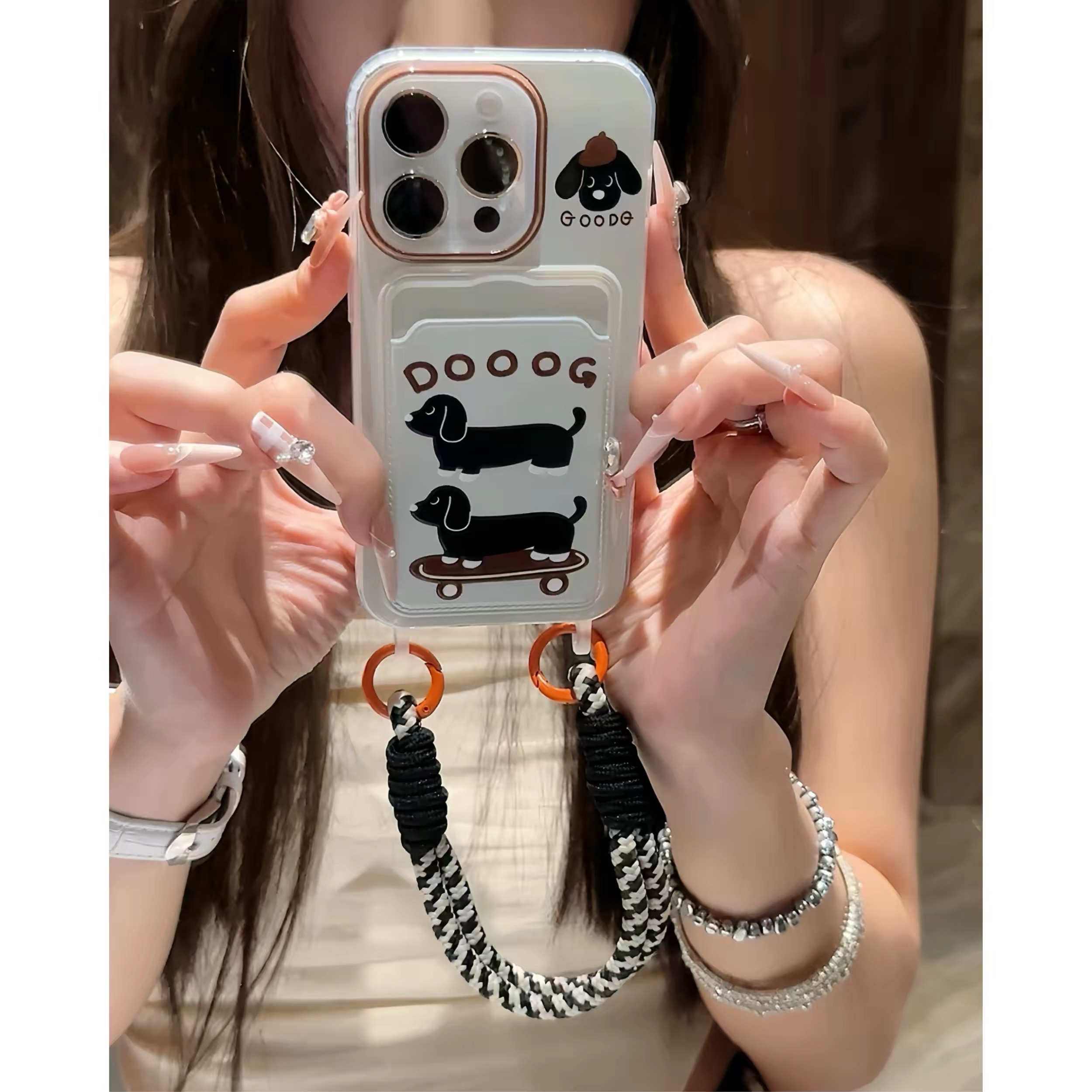 Ốp lưng điện thoại ngăn thẻ hình cún Doodle kèm dây đeo_O161 (Iphone, Huawei, Honor, OPPO, Vivo, Xiaomi & Redmi)