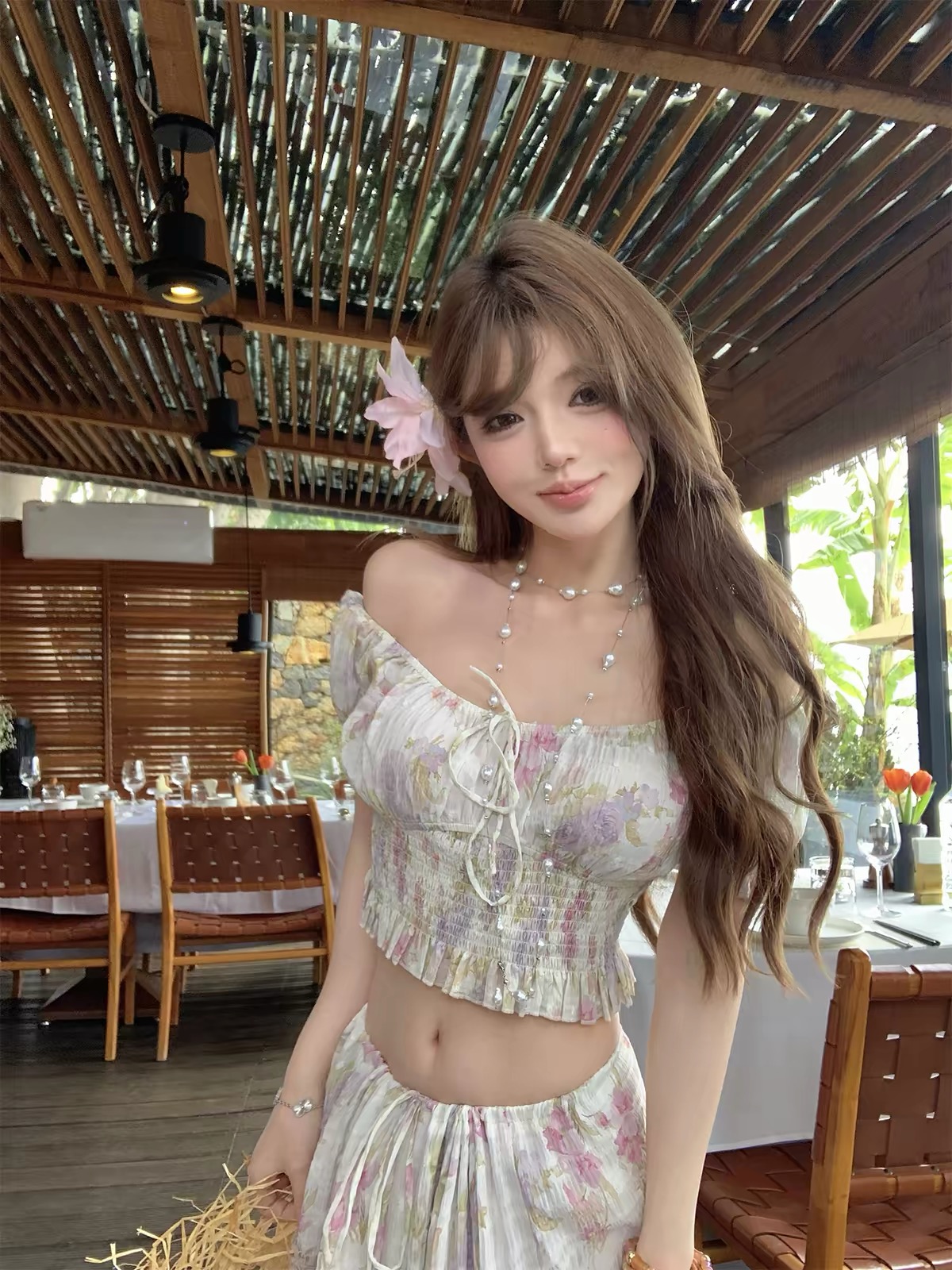 Áo croptop trễ vai phối chân váy maxi_Y98