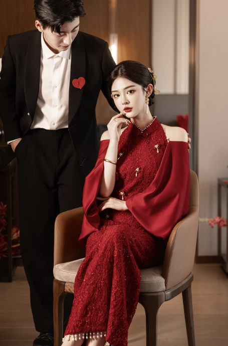 Sườn xám đỏ quyến rũ hở lưng phối ngọc trai_I53