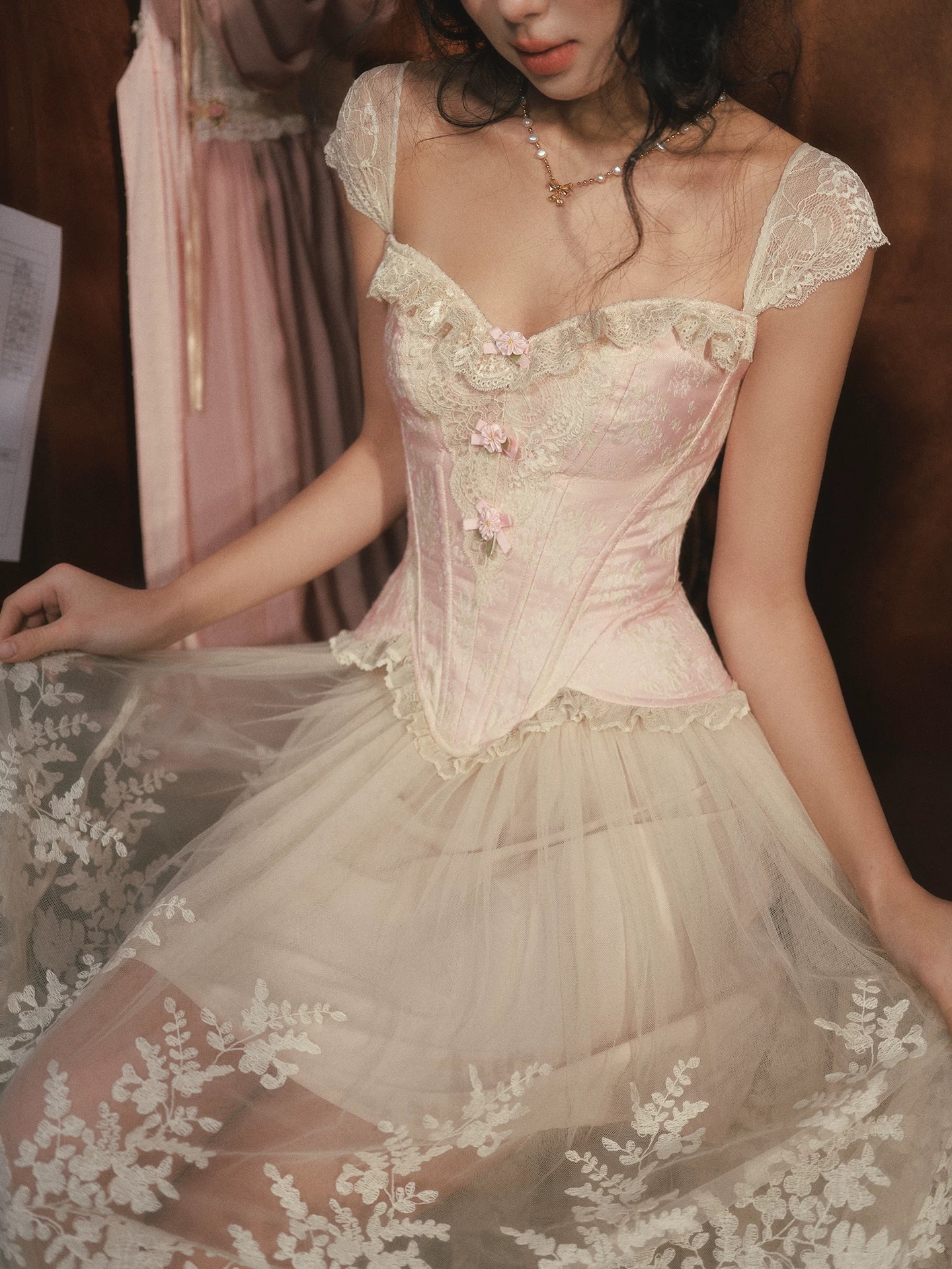 Lacemade váy corset ren hồng kem công chúa vintage_V28