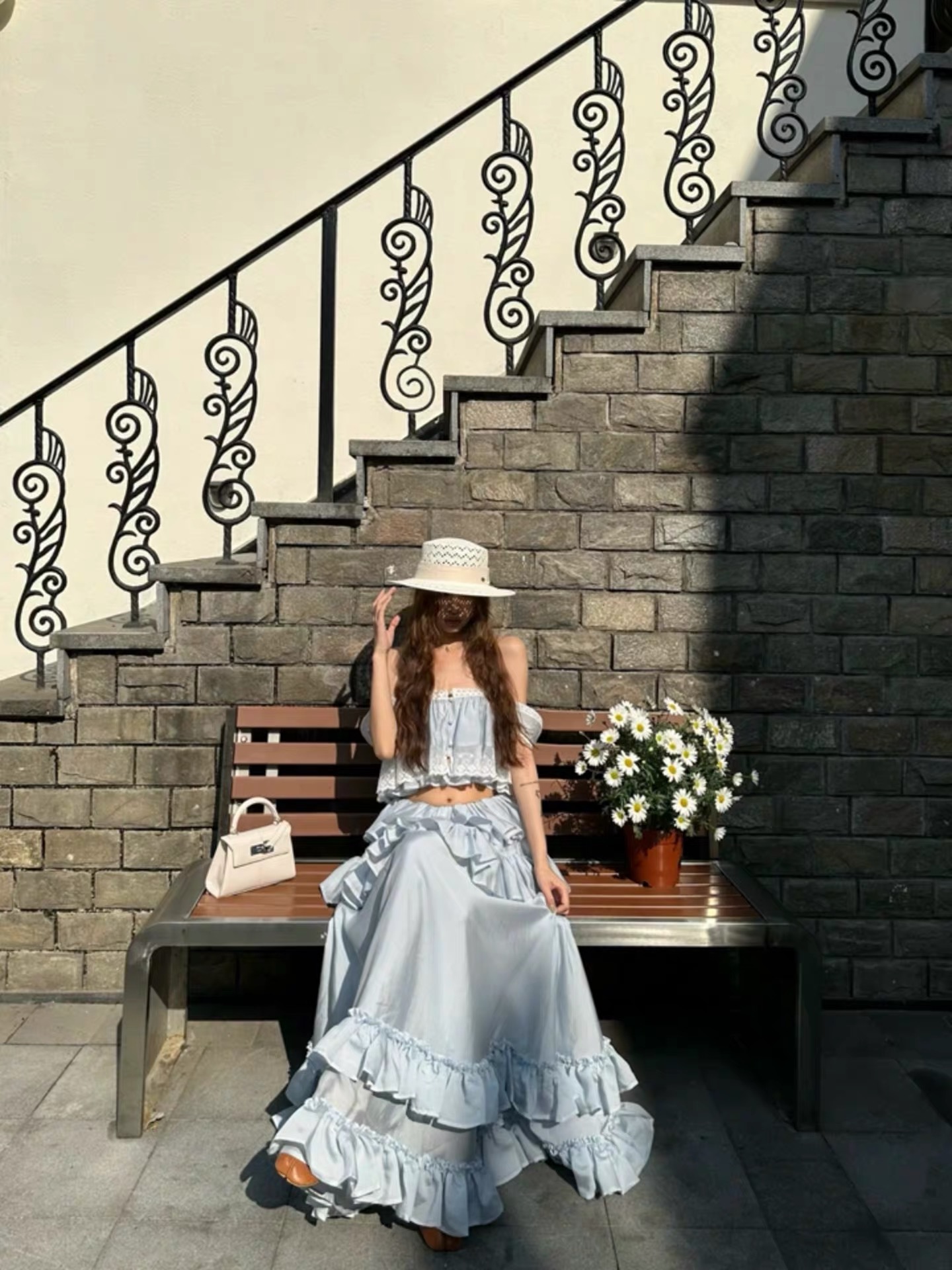 Váy maxi trễ vai phối bèo tầng nữ tính_Y115