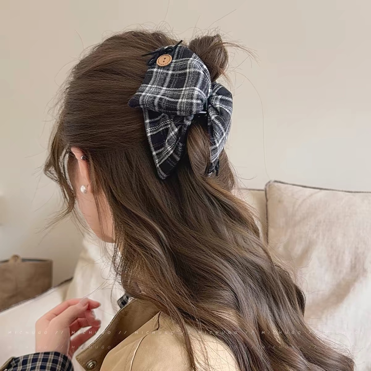 Kẹp tóc nơ caro vintage đính nút_T15