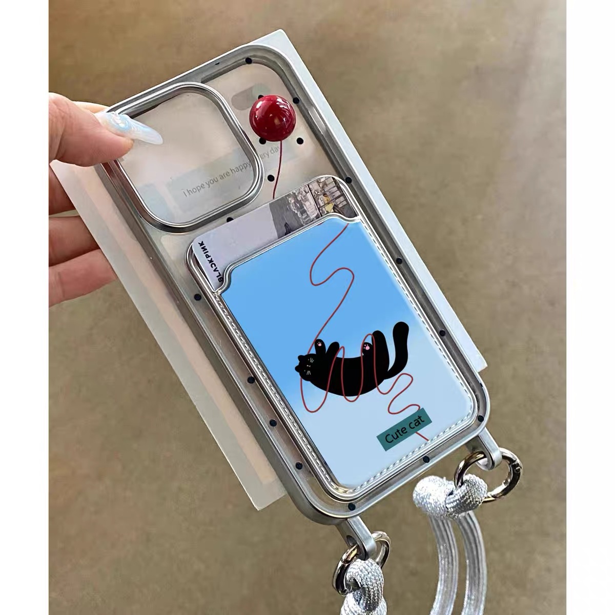 Ốp lưng chó mèo hoạt hình có ngăn thẻ kèm dây_O56 (Iphone & Huawie)