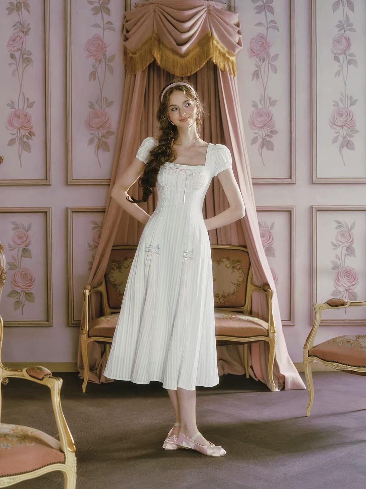 LaceMade váy phồng cổ vuông thắt nơ eo_Y107