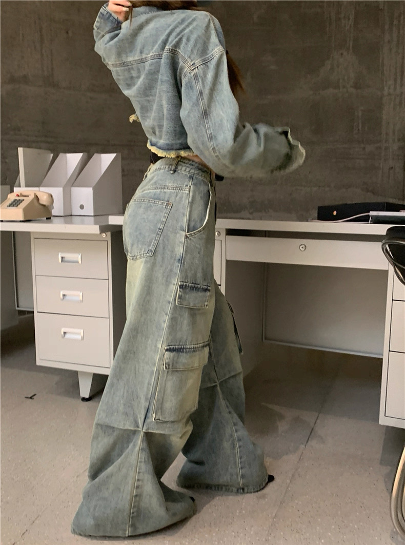 Áo khoác denim ngắn phối quần cargo túi hộp cá tính_Q05