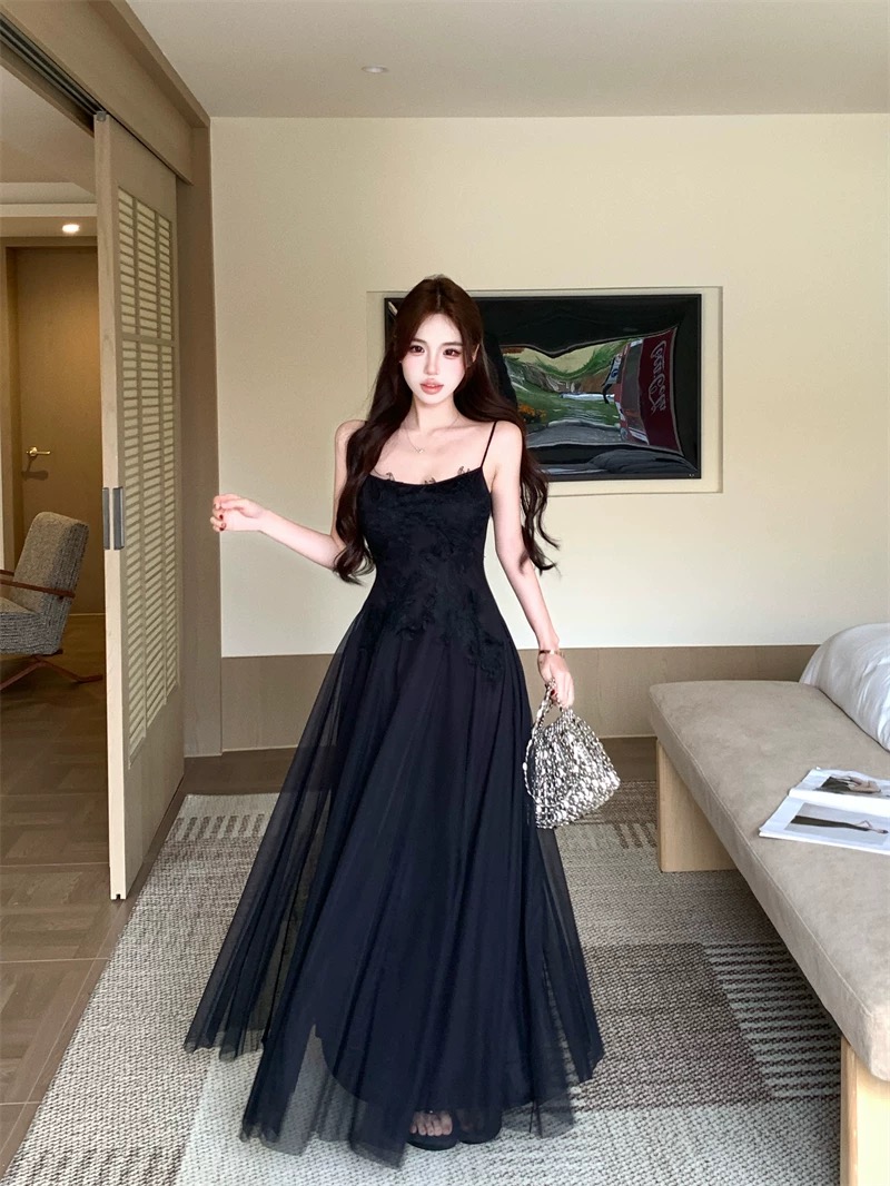 Váy maxi 2 dây dáng dài xòe ren voan thanh lịch nữ tính_Y16