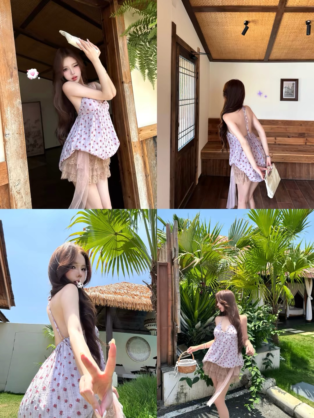 Áo hai dây hoa nhí phối chân váy ren_V50