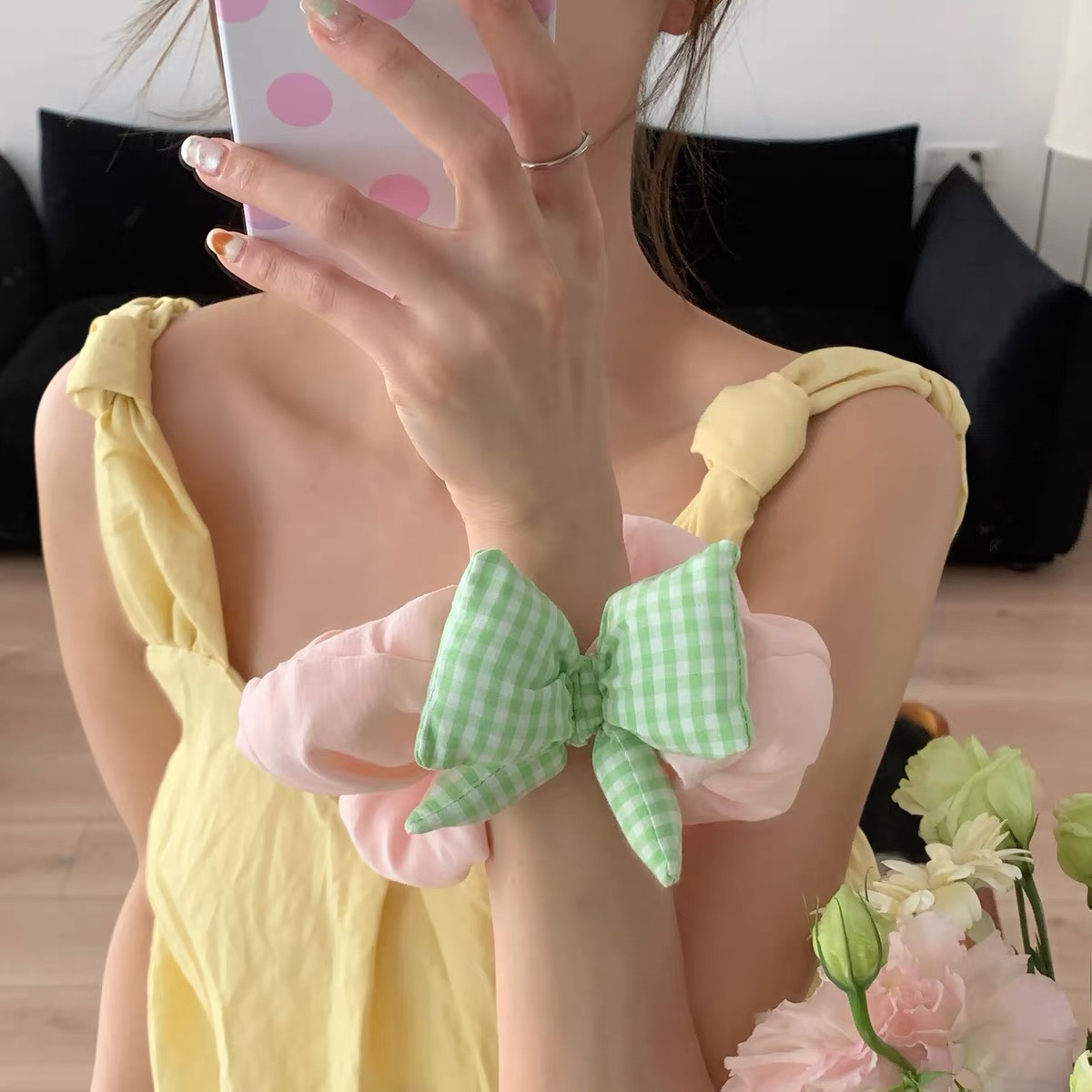 Cột tóc nơ caro phối dây vải_R07