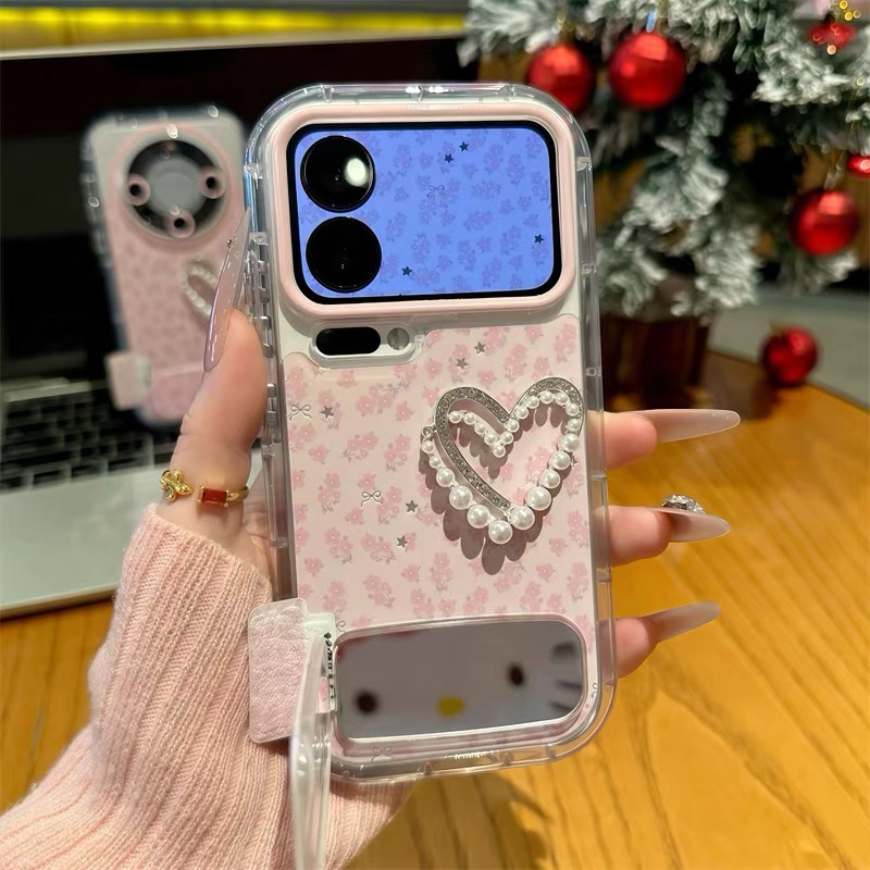Ốp lưng hoa nhỏ trái tim ngọc trai kèm gương_O207 (Iphone, Huawei, Honor, OPPO, Vivo, Xiaomi & Redmi)