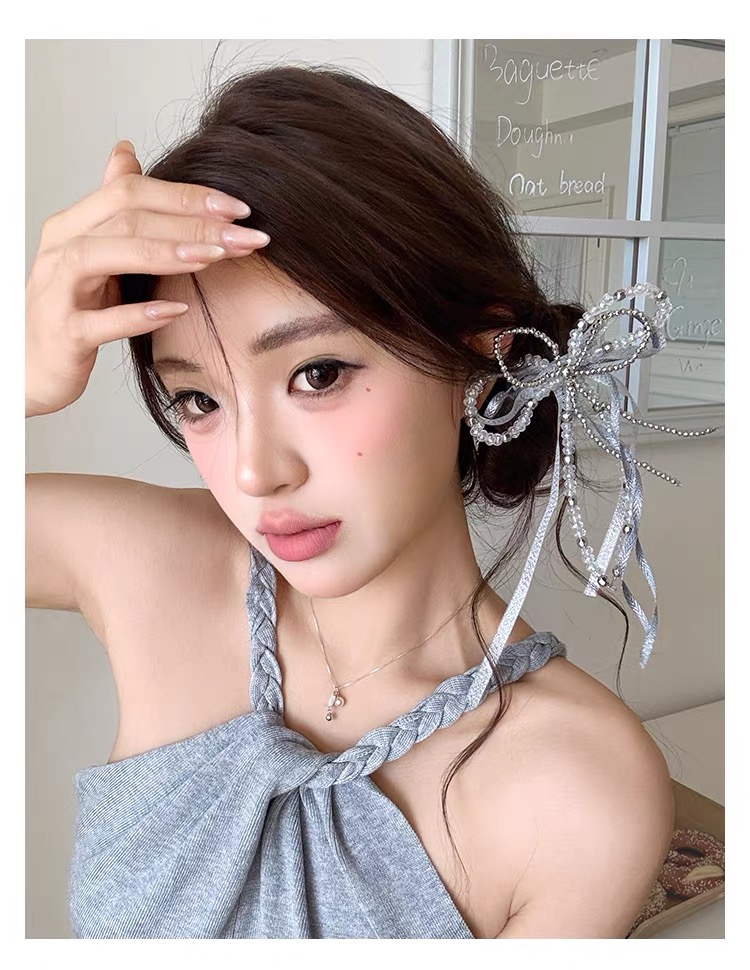Kẹp tóc nơ bạc đính hạt pha lê tua rua_H01