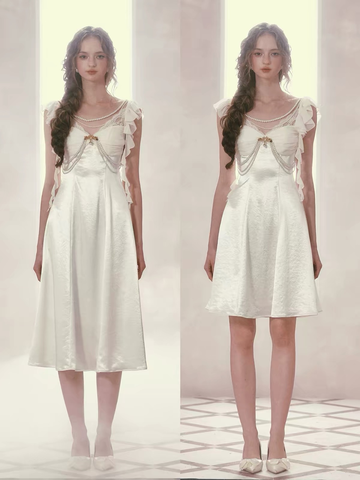LaceMade váy trắng tay bèo phối dây ngọc trai_Y88