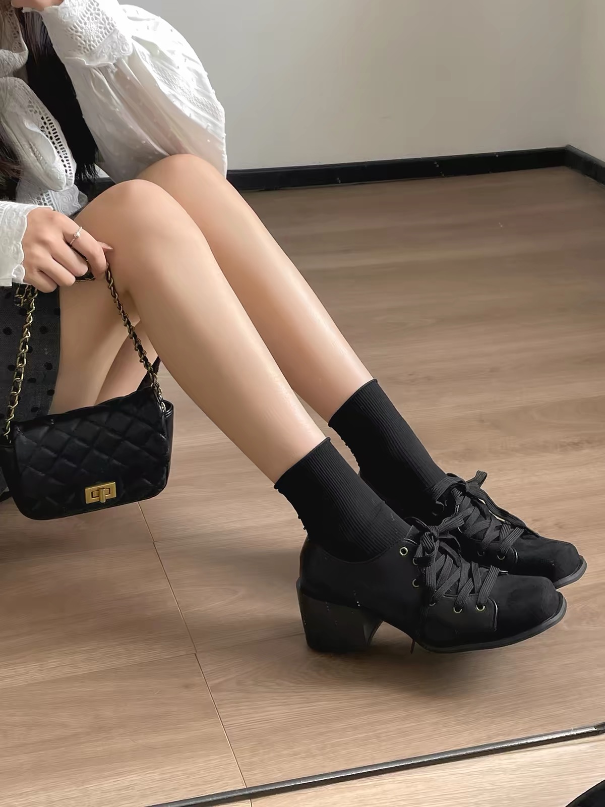 Giày Oxford nữ cao gót đế vuông phối dây buộc_X01