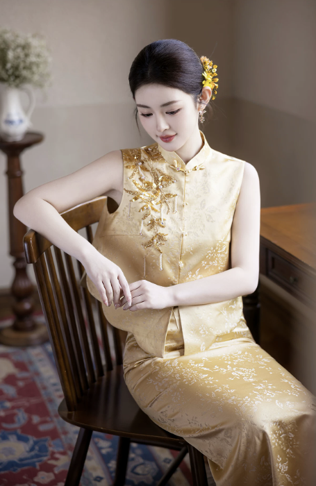 Sườn xám dáng ôm gấm dệt hoa sang trọng_I68