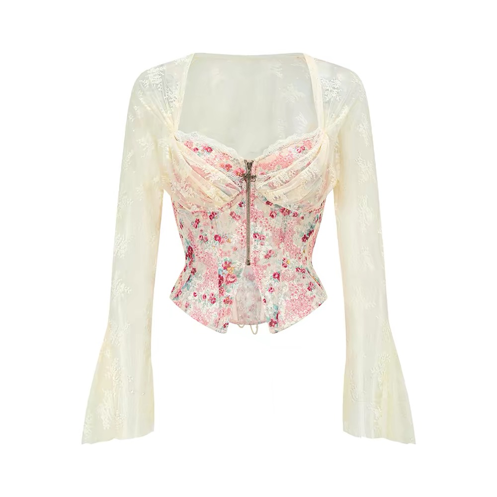 Lacemade áo corset hoa nhí hồng vintage phối ren nữ tính_A02