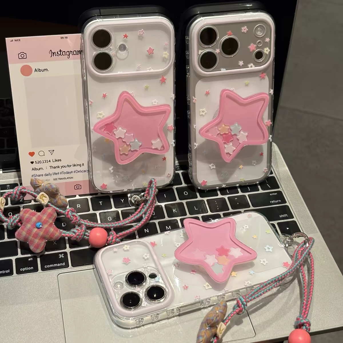 Ốp lưng ngôi sao đính charm dây treo_O173 (Iphone, Huawei, Honor, OPPO, Vivo, Xiaomi & Redmi)