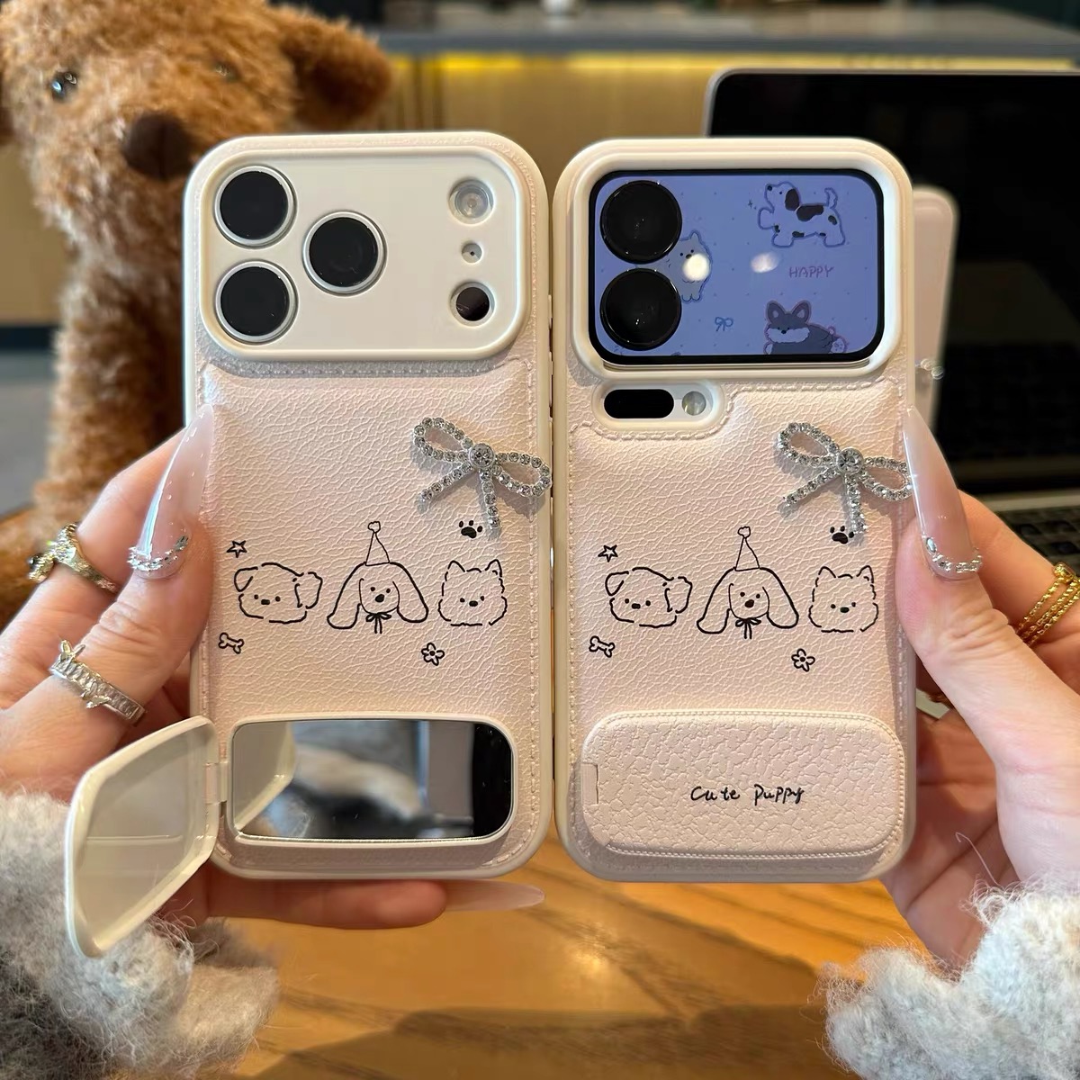 Ốp lưng Cute Puppy nơ đính đá kèm có gương_O155 (Iphone, Huawei, Honor, OPPO, Vivo, Xiaomi & Redmi)