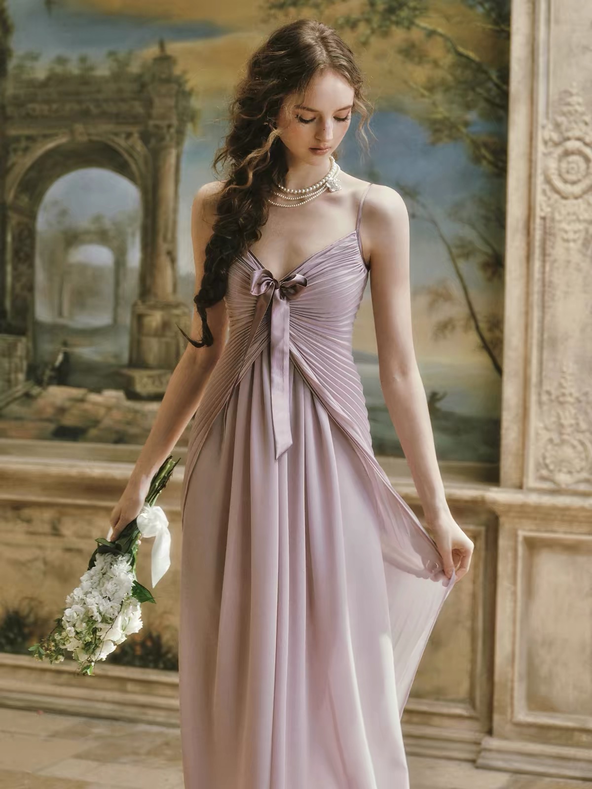 LaceMade váy satin xếp ly dáng dài_Y90