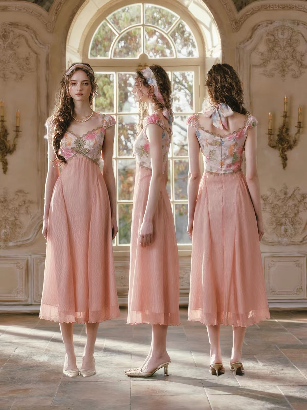 LaceMade váy dài cổ vuông tay ngắn nữ tính_Y110