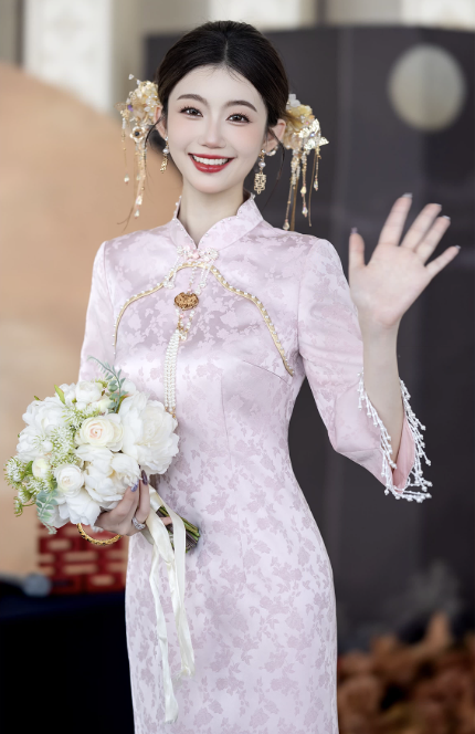Sườn xám gấm hoa dáng dài dịu dàng_I83