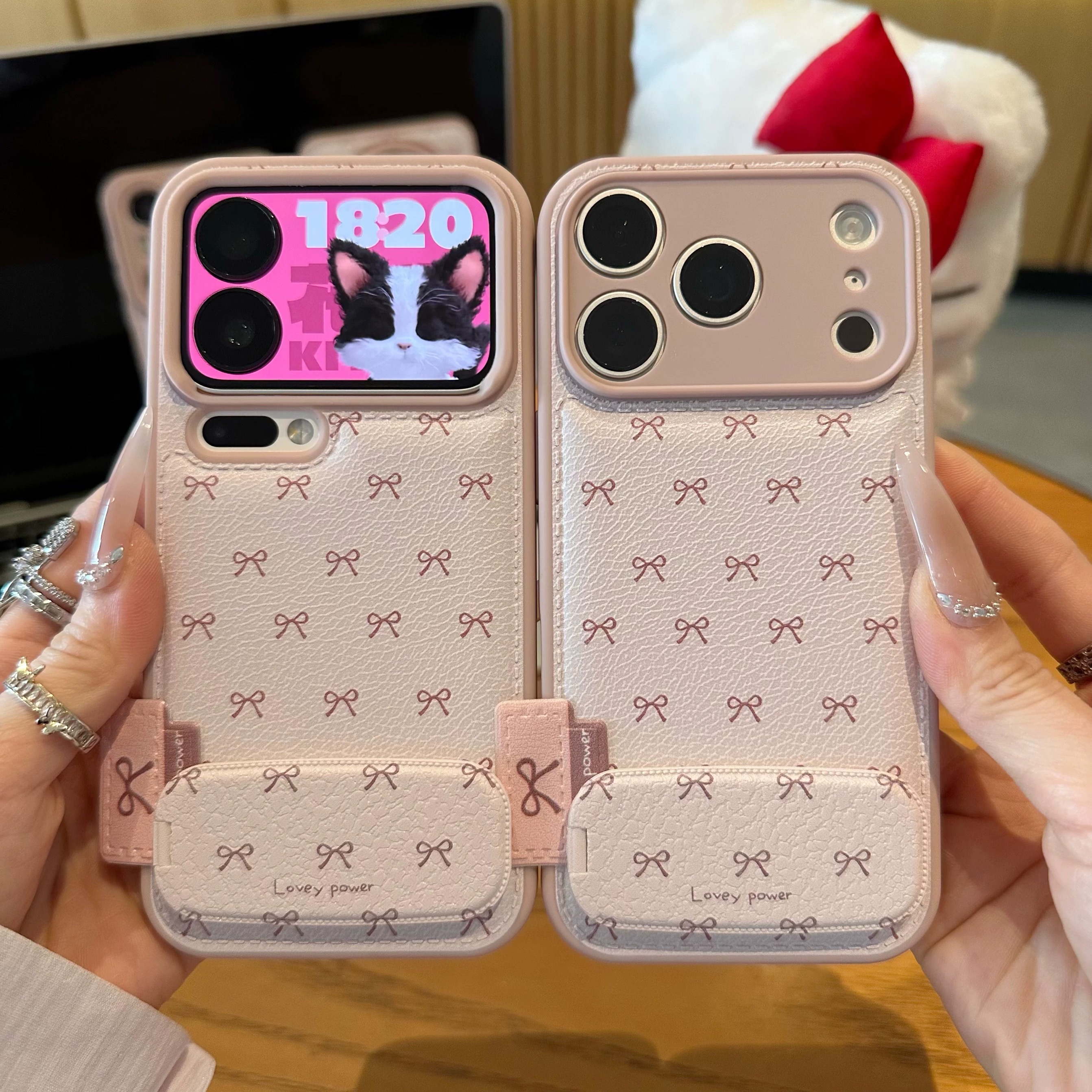 Ốp lưng da vân họa tiết nơ kèm gương_O02 (Iphone, Huawei, Honor, OPPO, Vivo, Xiaomi & Redmi)