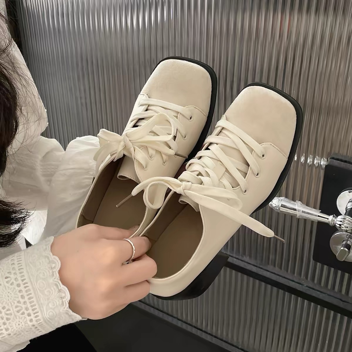 Giày Oxford nữ cao gót đế vuông phối dây buộc_X01