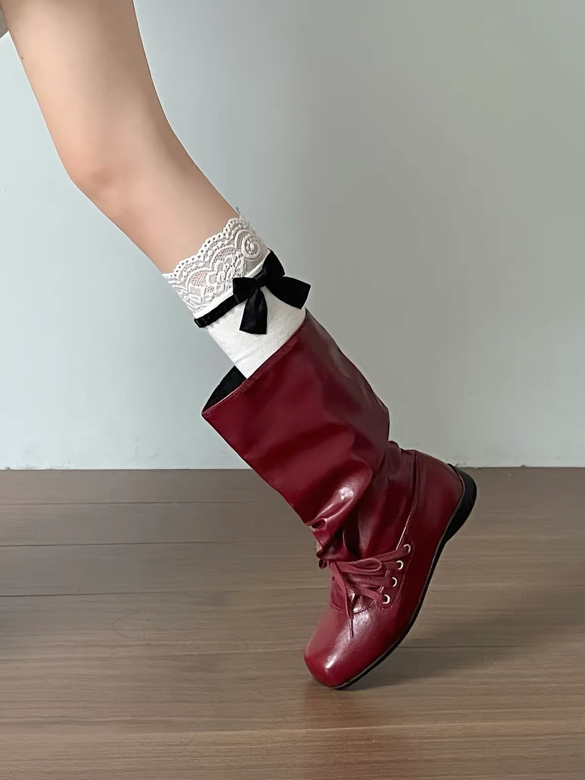 Giày boot nữ cổ cao buộc dây phong cách vintage bánh bèo_B03