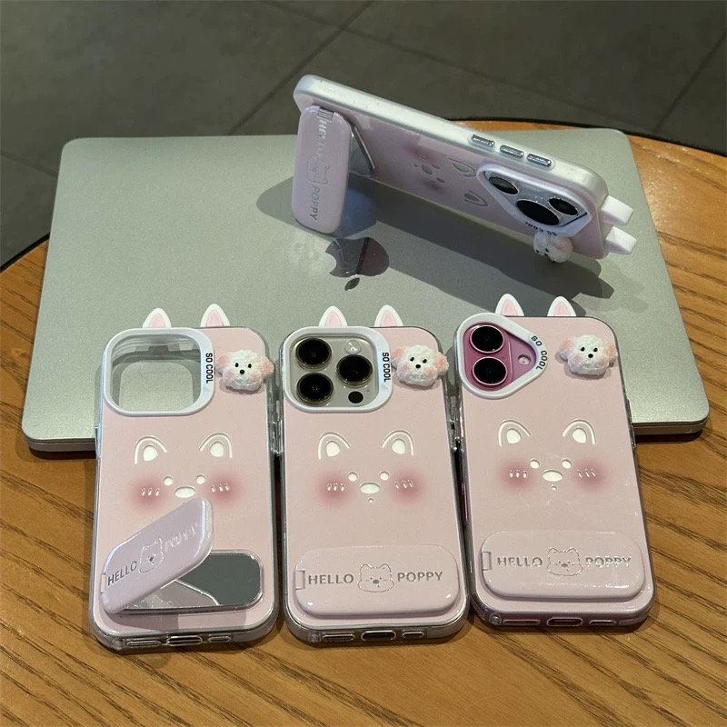 Ốp lưng Hello Poppy tai mèo kèm gương gập_O16 (Iphone, Huawei, Honor, OPPO, Vivo, Xiaomi & Redmi)