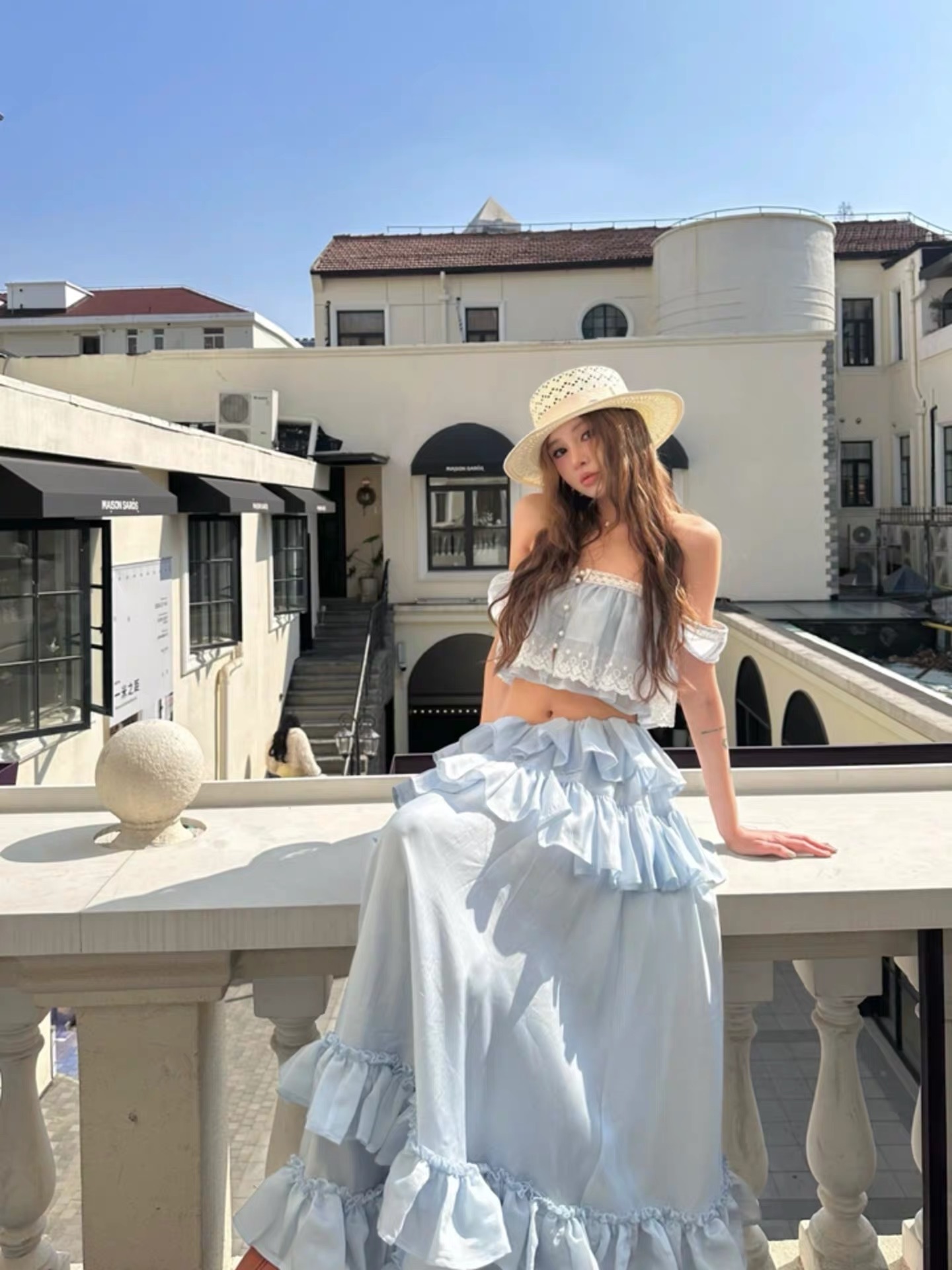 Váy maxi trễ vai phối bèo tầng nữ tính_Y115