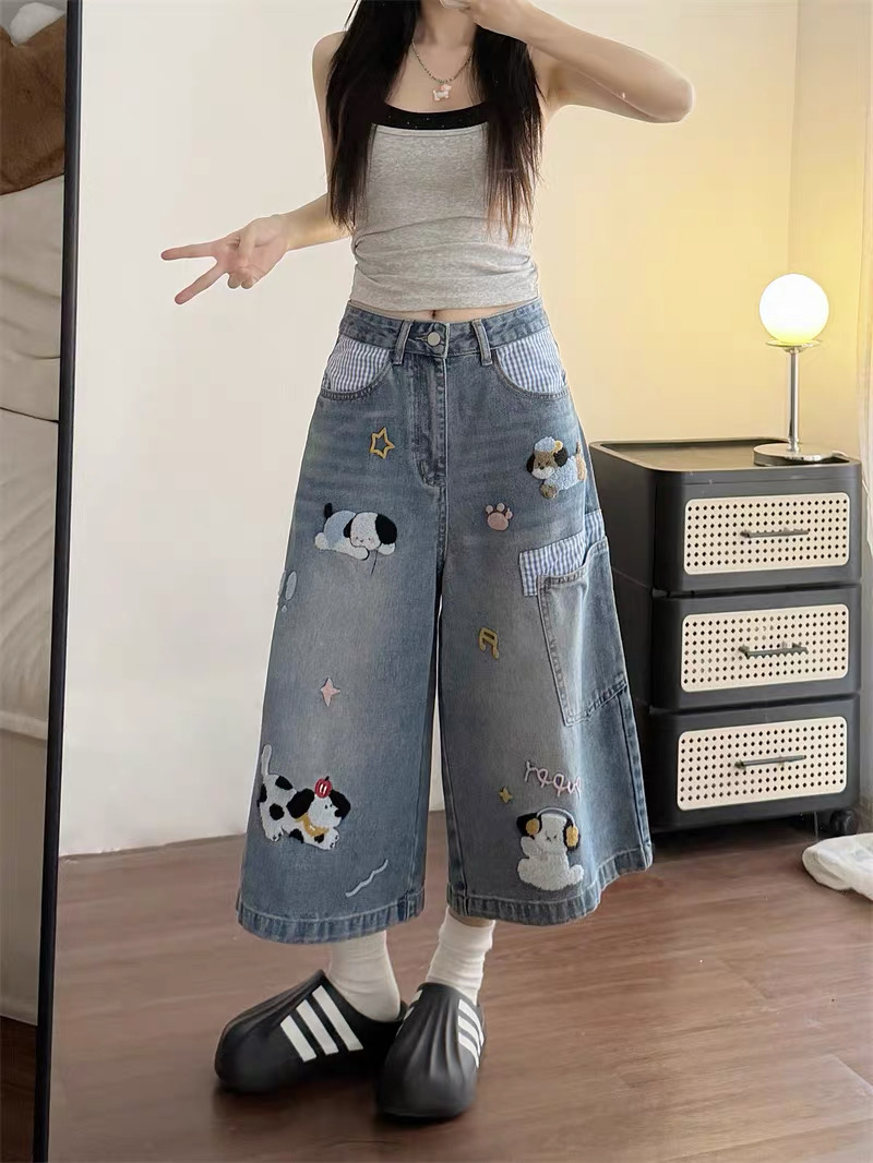Quần jeans ống rộng thêu cún đáng yêu_E10