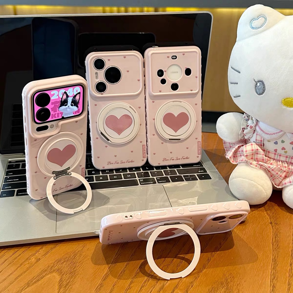Ốp lưng iPhone tim hồng pastel kèm giá đỡ điện thoại_O151 (Iphone, Huawei, Honor, OPPO, Vivo, Xiaomi & Redmi)