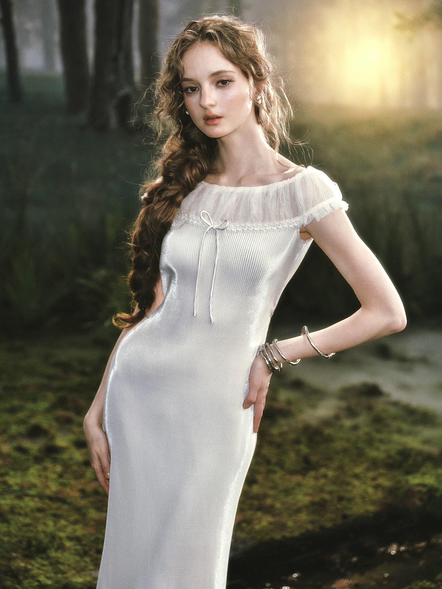 Lacemade váy trắng trễ vai dáng dài tiểu thư_Y19