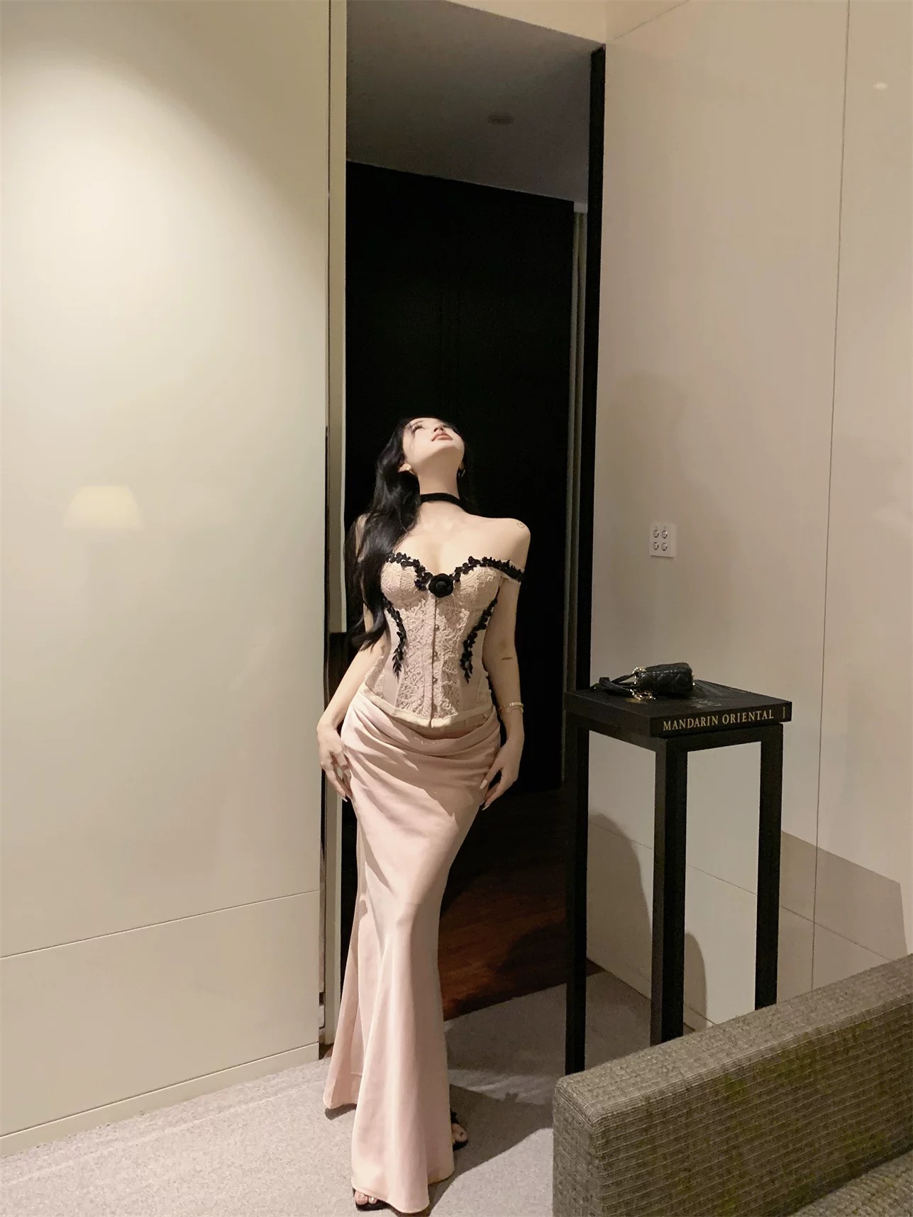 Váy corset trễ vai phối ren đen dáng ôm sang trọng_V32