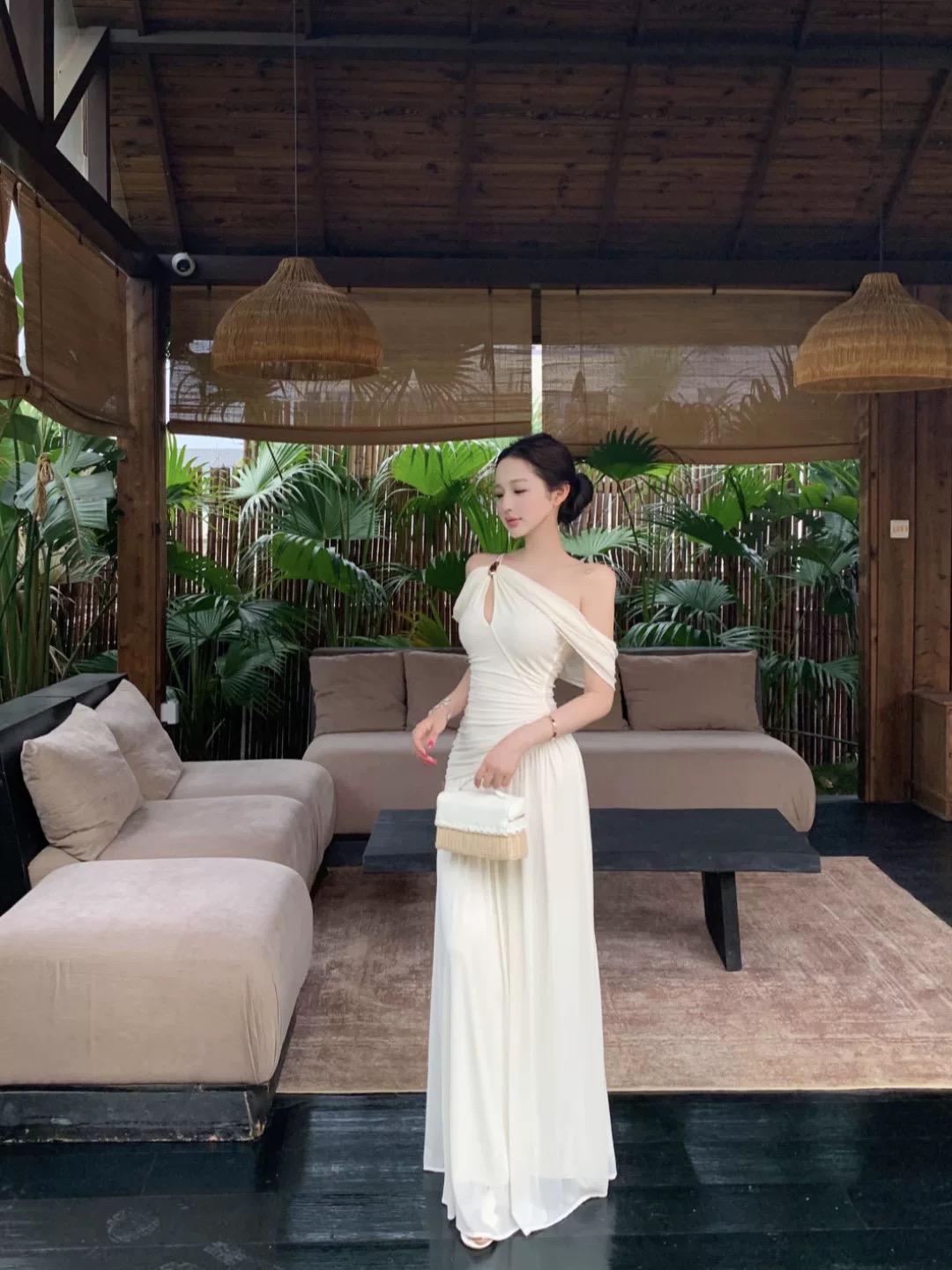 Váy lệch vai draping dáng dài thanh lịch_Y26