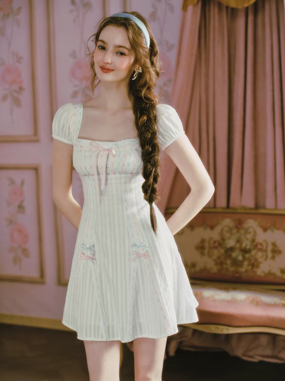 LaceMade váy phồng cổ vuông thắt nơ eo_Y107