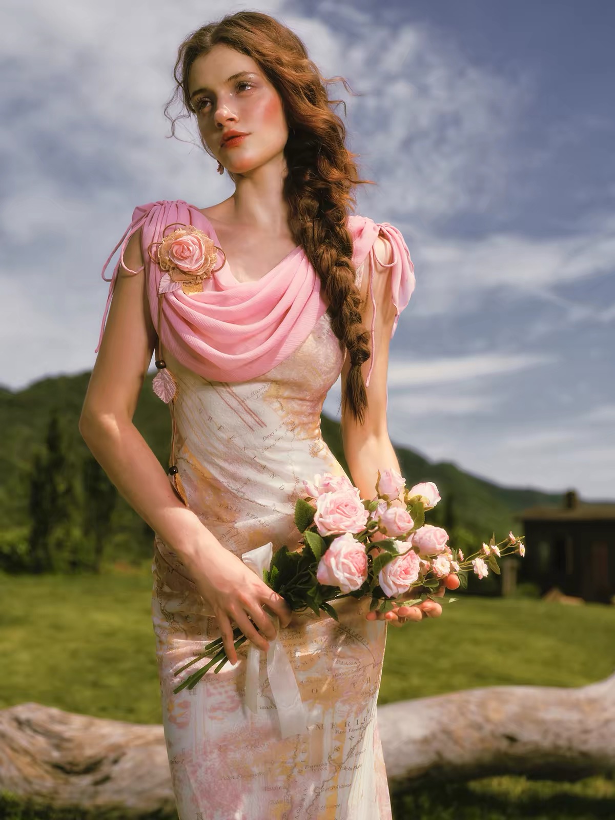LaceMade váy hoa dáng ôm cổ đổ lệch vai_Y112