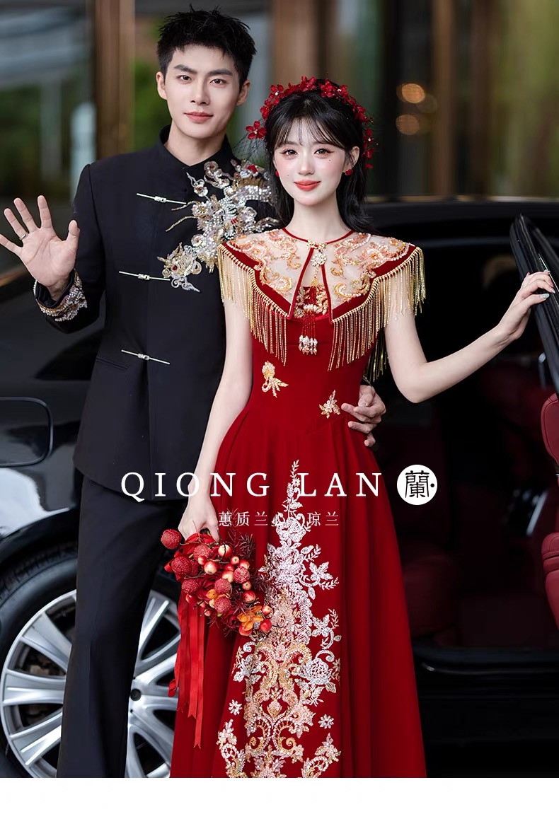 Váy dự tiệc cổ vuông thêu hoa tua rua_I112